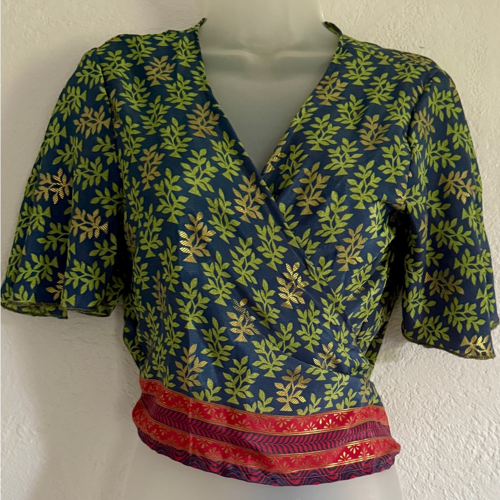 Leaf Pattern Wrap Blouse - Blue and Green